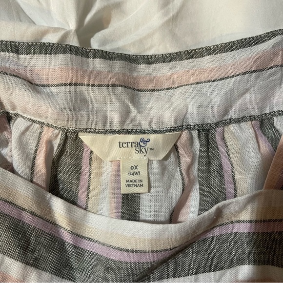 Terra & Sky Grey pink White Striped tiered short sleeve Linen Tunic plus size - Picture 2 of 2